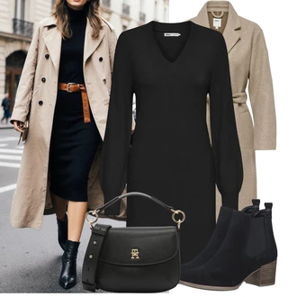 Od 50 let Outfit s Šedá/Béžová/Hnědá/Khaki Vlněný Kabát/Dlouhý kabát/Dlouhý Kabát/Vlněný kabát/Kašmírový Kabát/Lodenový kabát/Midi Kabát Only, Černá/Modrá Chelsea Boty/Kovbojská kotníková bota/Kotníková Bota s Podšívkou/Letní kotníková kozačka/Westernová Kotníková Bota Tamaris, Bílá/Fialová/Černá/Béžová Bagetová taška/Klasická Taška Přes Rameno/Dopisová peněženka/Malá Taška/Brašna/Sportovní Taška Přes Rameno Tommy Hilfiger "Vkusný podzimní outfit"