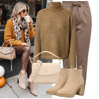 Outfit s Hnědá/Khaki/Šedá/Béžová/Fialová Kalhoty z Umělé Kůže/Navlékací Kalhoty/Slinky Kalhoty/Kalhoty s nášivkou uprostřed/Jogger Kalhoty/Mrkvová Kalhoty/Kožená Kalhoty Only "Vkusný podzimní outfit"
