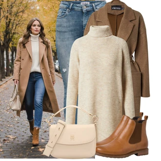Narozeniny Podzim Outfit s Hnědá/Béžová/Khaki Kašmírový Svetr/Kašmírový Svetr/Mohair Pullover/Rolák/Vlněný Svetr/Svetr s límečkem Pieces "Vkusný Podzimní outfit"Look: 60. narozeniny, Koncert, Chatky, Den matek, Škola, Zvláštní příležitosti, Narozeniny