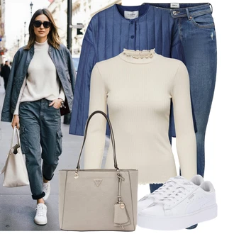 Pracovní Outfit s ?edá/Bé?ová/Hn?dá Obchodní Ta?ka/Ta?ka/Ta?ka P?es Rameno/Kancelá?ská Ta?ka/Shopper ta?ka/Sportovní Ta?ka P?es Rameno/Ta?ka Na Rameno Guess "Cool ka?dodenní outfit"Look: Jízda na koni, Na Placht?ní, Na Procházku, Pracovní, Volný ?as