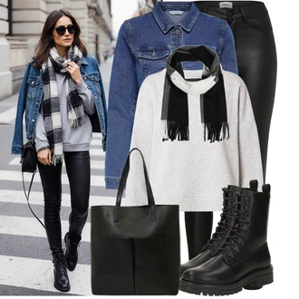 Outfit s Černá Velká taška/Obchodní Taška/Taška/Kancelářská Taška/Shopper taška/Taška Na Rameno About You, Černá/Bílá/Tmavě šedá Šál About You "Cool každodenní outfit"