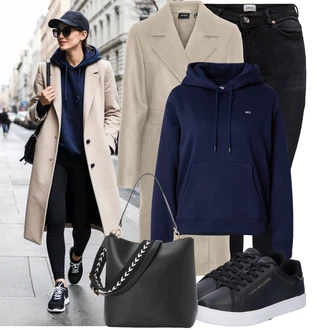 Outfit s Černá Kožená bunda/High Waist Džínové Kalhoty/Džíny s Rozparkem/Push up Džín/Zimní bunda/Kožené Boty/Termální Džíny/Motorkářské Džíny Only, Modrá/Černá/Tmavě modrá Kožené tenisky/Nízká Teniska/Úzká teniska Tommy Hilfiger, Černá/Béžová/Bílá Pletená taška/Taška Přes Rameno/Shopper taška/Sportovní Taška Přes Rameno Seidenfelt Manufaktur "Cool podzimní outfit"
