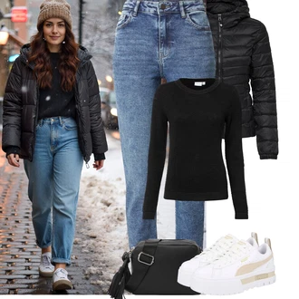 90tá léta Outfit s Modrá/Světle modrá High Waist Džínové Kalhoty/Mom Jean/Zimní bunda/Džíny s Rozparkem/Navlékací džíny/Kožená bunda/Kožená Pánská Bund/Kožené Boty/Zužující se Džíny/Girlfriend Džíny/Push up Džín/Slim Fit Džíny/Džíny Regular Fit Pieces "Podzimní Outfity"Look: Styl, 90tá léta, Cool, Krásný, Old Money, Skromné