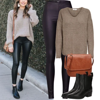 Outfit s Černá/Tmavě zelená/Tmavě šedá/Khaki Tregíny/Vinylový Legín/Legíny Kožený Vzhled/Legíny s Rozparkem/Kalhoty z Umělé Kůže/Kožený legíny Object "Podzimní Outfity"