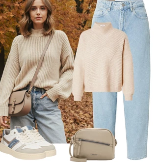 Outfit s Hnědá/Khaki/Béžová/Oranžová Basic Svetr/Svetr Carmen/Hrubě pletený svetr/Kašmírový Svetr/Pletený Svetr/Mohair Pullover/Svetr Niki/Plyšový svetr/Jednoduchý Svetr/Teddy Svetr/Rolák/Zimní Svetr/Vlněný Svetr/Svetr s límečkem About You "Podzimní Outfity"