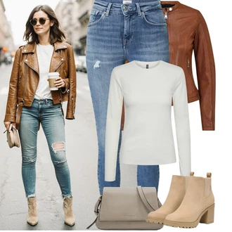 Od 50 let Outfit s Světle modrá/Modrá Džínové Legíny/Jeggings/Kalhoty s dírou Only, Šedá/Khaki/Bílá/Světle zelená/Hnědá/Béžová Pletené tričko/Dlouhá košile/Roláková Košile Pieces "Podzimní Outfity"