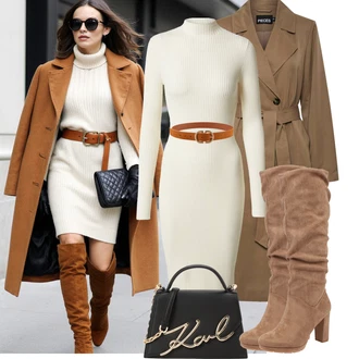 Outfit s Hnědá/Béžová/Šedá Kozačka po Kolena/Klasická kozačka/Kozačka Na Podpatku/Špičatá Kozačka/Bota se širokým nohavici/Dlouhá Kozačka About You "Podzimní Outfity"