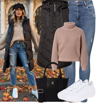 90tá léta Outfit s Modrá/Světle modrá Džíny s Dírou/Push up Džín/Kotníková Bota/Dámské Džíny s Délkou 7/8/Kožená bunda/Zkrácené Džíny/Džíny s Rozparkem/High Waist Džínové Kalhoty/Kožené bundy Only "Podzimní Outfity"Look: Styl, 90tá léta, Cool, Disko, Krásný, Old Money, Bezešvé