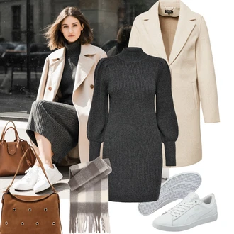 Outfit s Šedá/Tmavě šedá/Černá Šaty S Rolákem/Svetrové Šaty/Pletené Šaty/Zimní Pletené Šaty Only "Podzimní Outfity"