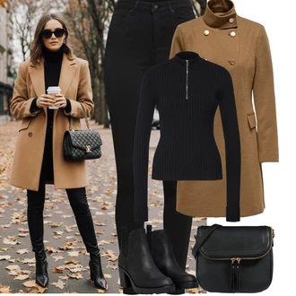 Outfit s Černá Legíny s Vysokým Pasem/Jeggings/Legíny s Rozparkem/Tregíny/Džínové Legíny/Skinny Kalhoty VERO MODA, Černá/Tmavě modrá Svetr se zipem/Svetr s límečkem Edited, Černá/Hnědá Taška/Klasická Taška Přes Rameno/Brašna/Sportovní Taška Přes Rameno About You, Černá Kotníková Bota s Podšívkou/Chelsea Boty/Kožená kotníková bota/Gumová Kotníková Bota/Kožená bunda Only "Podzimní Outfity"