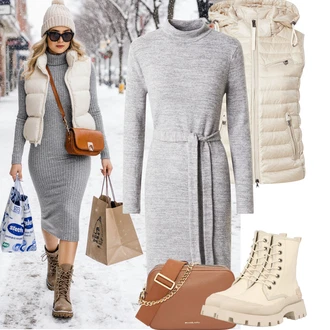 Turistika Outfit s Béžová/Khaki Kožená bunda/Klasická kozačka/Bojová Bota/Gumová Kotníková Bota/Šněrovací Kotníková Bota/Šněrovací Kozačka na Platformě About You "Podzimní Outfity"Look: Na Procházku, Turistika, Skating, Trekking