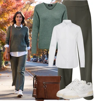 Zapínání na knoflíky Outfit s Bílá Halenka S 3/4 Rukávem/Halenka se Stojatým Límcem/Slip-on Halenka/Žehlení odolná blůza/Blůza s nášivkou na lokti/Blůza s knoflíčkem/Businessová Halenka About You "Podzimní Outfity"