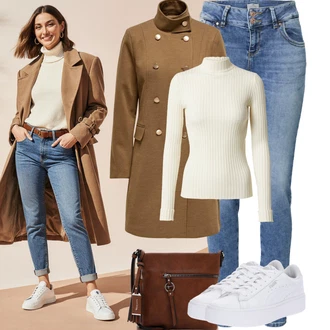 Od 50 let Outfit s Světle modrá/Modrá Slim Fit Džíny/Zimní bunda/Džíny s Nízkým Sedem/Džín s Nízkým Pasem/High Waist Džínové Kalhoty/Kožené Boty/Džíny s Rozparkem/Motorkářské Džíny/Kožená bunda/Kožená Pánská Bund/Push up Džín LTB, Krémová/Bílá/Khaki/Béžová Rolák/Svetr s límečkem Edited, Bílá Nízká Teniska/Teniska s dírkovaným vzorem/Úzká teniska/Teniska na platformě Puma "Podzimní Outfity"