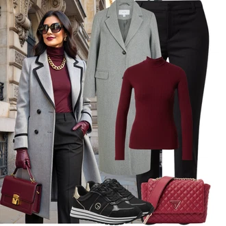 Výstřih na zádech Outfit s Vínová/Tmavě červená Roláková Košile Edited "Podzimní Outfity"