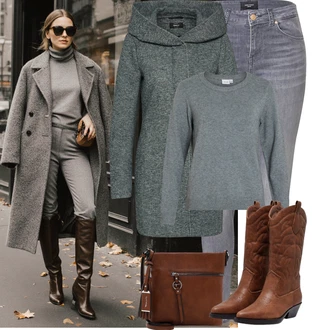 Krásný Outfit s Šedá/Světle šedá Jeggings/Džínové Legíny/Skinny Kalhoty VERO MODA "Podzimní Outfity"Look: Styl, Cool, Disko, Krásný, Old Money, Bezešvé