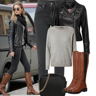 Outfit s Černá/Tmavě šedá/Šedá/Světle šedá Kožená bunda/Girlfriend Džíny/Kožená Pánská Bund/High Waist Džínové Kalhoty/Zužující se Džíny/Slim Fit Džíny/Zimní bunda/Dad Džíny/Džíny s Rozparkem/Mom Jean/Zkrácené Džíny levi's ®, Černá/Červená Bunda z Umělé Kůže/Motorkářská bunda/Motorkářské Bund/Kožené Bund Only, Černá/Bílá/Růžová Taška/Klasická Taška Přes Rameno/Malá Taška/Brašna/Sportovní Taška Přes Rameno About You "Podzimní Outfity"