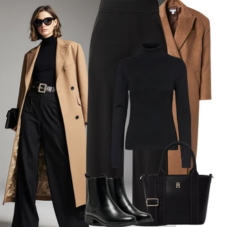 Outfit s Černá/Hnědá JdY, Černá/Tmavě modrá Rolák/Svetr s límečkem VERO MODA, Černá/Hnědá Chelsea Boty/Kožená bunda/Plochá Kotníková Bota/Gumová Kotníková Bota Only "Podzimní Outfity"