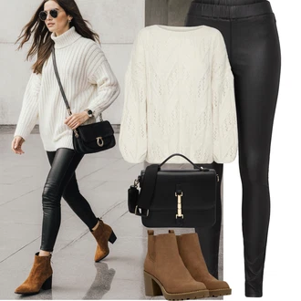 Outfit s Béžová/Bílá/Krémová Svetr s copánkovým vzorem/Svetr Carmen/Hrubě pletený svetr/Kašmírový Svetr/Pletený Svetr/Mohair Pullover/Svetr Niki/Norský Svetr/Oversize Svetr/Svetr s Třásněmi/Zimní Svetr/Vlněný Svetr VERO MODA "Podzimní Outfity"