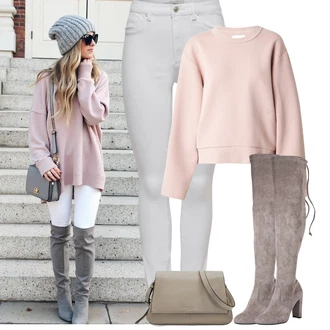 Outfit s Šedá/Hnědá/Béžová/Světle šedá Kozačka nad Kolena/Kožená Kozačka nad Koleno/Dlouhá Kozačka/Kozačka Na Podpatku/Kozačka po Kolena/Kozačka se zipem/Špičatá Kozačka About You "Podzimní Outfity"