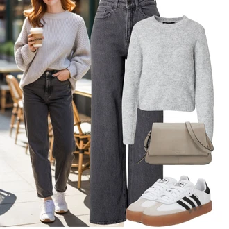 Outfit s Béžová/Krémová/Šedá/Černá/Bílá Kožené tenisky/Nízká Teniska/Teniska na platformě/Skate Bota/Úzká teniska/Vintage teniska Adidas Originals "Podzimní Outfity"