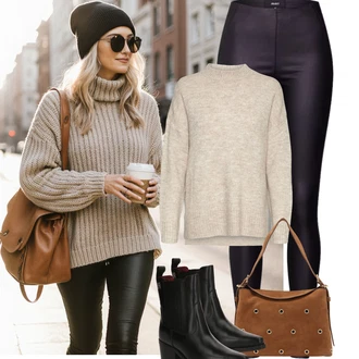 Outfit s Černá/Tmavě zelená/Tmavě šedá/Khaki Tregíny/Vinylový Legín/Legíny Kožený Vzhled/Legíny s Rozparkem/Kalhoty z Umělé Kůže/Kožený legíny Object "Podzimní Outfity"