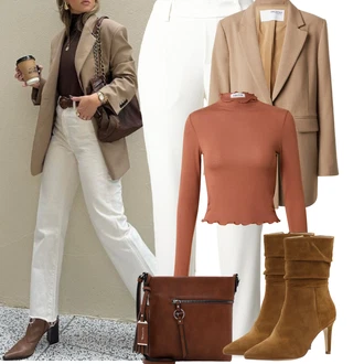 Outfit s Krémová/Bílá/Khaki Boyfriend Kalhoty/Obleková Kalhoty/Navlékací Kalhoty/Ležérní Kalhoty/Kalhoty s Vysokým Pasem/Kalhoty se Štěrbinou/Úzká Kalhoty/Business Kalhoty/Rovná Kalhoty/Chinos/Mušelínové kalhoty Object "Podzimní Outfity"