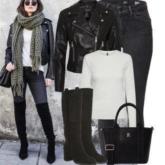 Outfit s Modrá/Tmavě Modrá/Šedá/Tmavě šedá/Světle šedá Kožená bunda/Zkrácené Džíny/Slim Fit Džíny/Džíny s Rozparkem/Zimní bunda/High Waist Džínové Kalhoty/Termální Džíny/Capri Džíny/Dámské Džíny s Délkou 7/8/Kožené Boty/Kotníková Bota/Push up Džín Only "Podzimní Outfity"