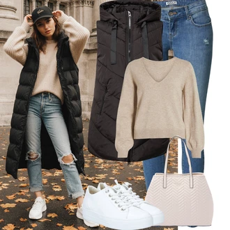 Od 50 let Outfit s Černá Dlouhé bundy/Bunda na přetažení přes hlavu/Letní peřová bunda/Zimní Bund/Zimní Parka/Puchová Bund JdY, Béžová/Hnědá/Khaki Basic Svetr/Kašmírový Svetr/Svetr z Jemné Pleteniny/Mohair Pullover/Jednoduchý Svetr/Svetr s V-výstřihem/Vlněný Svetr Vila, Bílá/Krémová Tenisky s Bočním Zipem/Plátěná teniska/Nízká Teniska/Kožené tenisky/Úzká teniska Paul Green "Podzimní Outfity"