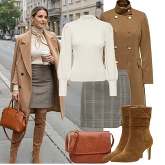 Oblečení se sukní Egirl s Khaki/Bílá/Krémová/Béžová Basic Svetr/Svetr Carmen/Kašmírový Svetr/Svetr z Jemné Pleteniny/Jednoduchý Svetr/Rolák/Vlněný Svetr/Svetr s límečkem Only "Podzimní Outfity"Look: 70tá léta, Klasické, Egirl, Pro Dům, Vintage