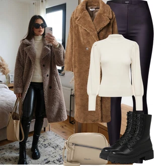 Outfit s Černá/Tmavě zelená/Tmavě šedá/Khaki Tregíny/Vinylový Legín/Legíny Kožený Vzhled/Legíny s Rozparkem/Kalhoty z Umělé Kůže/Kožený legíny Object, Černá Šněrovací Kotníková Bota/Bojová Bota/Bota na Platformě/Šněrovací Kozačka na Platformě About You "Podzimní Outfity"