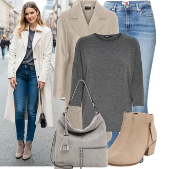 Outfit s Hnědá/Béžová/Khaki/Šedá VERO MODA "Módní vzhled na podzim"
