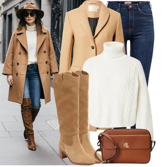 Outfit s Hnědá/Béžová Kozačka Na Podpatku/Bota se širokým nohavici/Špičatá Kozačka/Jezdecká Bota/Kozačka po Kolena/Vintage kozačka/Klasická kozačka/Dlouhá Kozačka/Kovbojská Bota Polo Ralph Lauren "Módní vzhled na podzim"