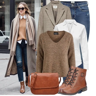 Outfit s Hnědá/Béžová Bagetová Taška/Taška/Klasická Taška Přes Rameno/Taška Na Notebook/Kancelářská Taška/Brašna/Sportovní Taška Přes Rameno About You "Módní vzhled na podzim"