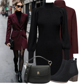 Outfit s Černá Šaty S Rolákem/Svetrové Šaty/Zimní Pletené Šaty/Pletené Šaty Only, Černá/Modrá Chelsea Boty/Kovbojská kotníková bota/Kotníková Bota s Podšívkou/Letní kotníková kozačka/Westernová Kotníková Bota Tamaris, Bílá/Fialová/Černá/Béžová Bagetová taška/Klasická Taška Přes Rameno/Dopisová peněženka/Malá Taška/Brašna/Sportovní Taška Přes Rameno Tommy Hilfiger "Módní vzhled na podzim"