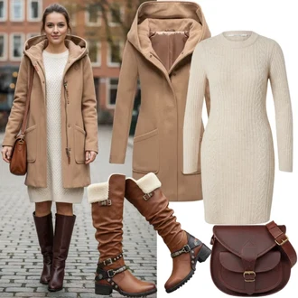 Svatební host Outfit s Šedá/Hnědá/Khaki/Béžová Pletené Šaty/Zimní šaty s dlouhým rukávem/Svetrové Šaty/Šaty S Rolákem/Zimní Pletené Šaty Only "Módní vzhled pro podzim"