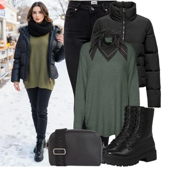 Jízda na koni Outfit s Černá Kožená bunda/High Waist Džínové Kalhoty/Džíny s Rozparkem/Push up Džín/Zimní bunda/Kožené Boty/Termální Džíny/Motorkářské Džíny Only "Nápadný look na zimu"Look: Jízda na koni, Na Procházku, Volný čas, Apres ski