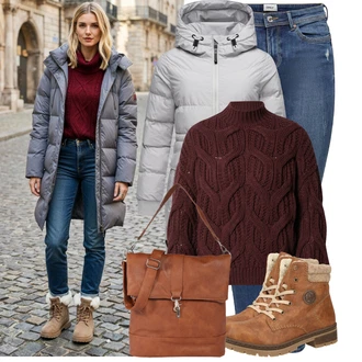 Outfity z džínu 90tá léta s Tmavě červená/Vínová Svetr s copánkovým vzorem/Hrubě pletený svetr/Pletený Svetr/Rolák/Zimní Svetr/Vlněný Svetr/Svetr s límečkem guido maria kretschmer women "Nápadný look na zimu"Look: 90tá léta, Pro Dům, Nadrozměrné, Univerzitní