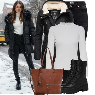 Jízda na koni Outfit s Černá Kožená bunda/High Waist Džínové Kalhoty/Džíny s Rozparkem/Push up Džín/Zimní bunda/Kožené Boty/Termální Džíny/Motorkářské Džíny Only "Nápadný look na zimu"Look: Jízda na koni, Na Procházku, Volný čas, Apres ski