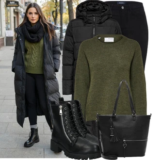 Outfit s Černá Pletený Legín/Teplé Legíny/Legíny s Rozparkem/Legíny s Podšívkou/Sportovní Legína/Neprůhledný Legíny/Bavlněné Legíny/Kožená bunda/Push up Legíny Pieces "Nápadný look na zimu"