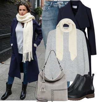 Outfit s Béžová/Bílá/Khaki/Krémová Šál/Kruhový Šál About You "Nápadný look na zimu"