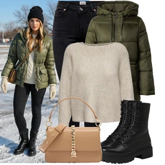 Jízda na koni Outfit s Černá Kožená bunda/High Waist Džínové Kalhoty/Džíny s Rozparkem/Push up Džín/Zimní bunda/Kožené Boty/Termální Džíny/Motorkářské Džíny Only "Nápadný look na zimu"Look: Jízda na koni, Na Procházku, Volný čas, Apres ski