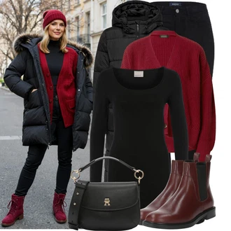 Outfit s Černá Pletený Legín/Teplé Legíny/Legíny s Rozparkem/Legíny s Podšívkou/Sportovní Legína/Neprůhledný Legíny/Bavlněné Legíny/Kožená bunda/Push up Legíny Pieces "Nápadný look na zimu"