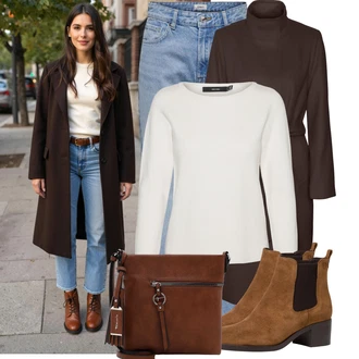 Outfit s Krémová/Khaki/Bílá/Béžová Svetry 2 v 1/Basic Svetr/Svetr Carmen/Kašmírový Svetr/Jednoduchý Svetr/Termo Svetr/Rolák/Svetr s límečkem VERO MODA "Outfit na podzim"