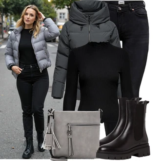 Jízda na koni Outfit s Černá Kožená bunda/High Waist Džínové Kalhoty/Džíny s Rozparkem/Push up Džín/Zimní bunda/Kožené Boty/Termální Džíny/Motorkářské Džíny Only "Outfit na podzim"Look: Jízda na koni, Na Procházku, Volný čas, Apres ski