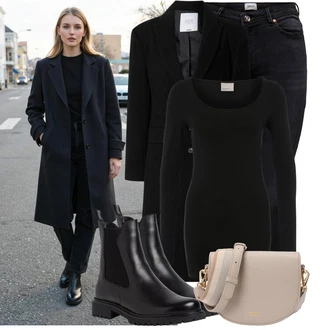 Jízda na koni Outfit s Černá Kožená bunda/High Waist Džínové Kalhoty/Džíny s Rozparkem/Push up Džín/Zimní bunda/Kožené Boty/Termální Džíny/Motorkářské Džíny Only "Outfit na podzim"Look: Jízda na koni, Na Procházku, Volný čas, Apres ski