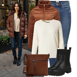 Outfit s Červená/Hnědá/Oranžová Manšestrová Bunda/Krátký Bund/Udržitelná bunda/Plyšová Bund/Krátký Bund/Podzimní bunda About You "Outfit na podzim"