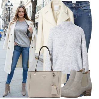 Outfity z džínu s Šedá/Béžová/Hnědá Obchodní Taška/Taška/Taška Přes Rameno/Kancelářská Taška/Shopper taška/Sportovní Taška Přes Rameno/Taška Na Rameno Guess "Outfit na podzim"