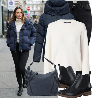 Outfit s Černá Kožená bunda/High Waist Džínové Kalhoty/Džíny s Rozparkem/Push up Džín/Zimní bunda/Kožené Boty/Termální Džíny/Motorkářské Džíny Only "Outfit na podzim"