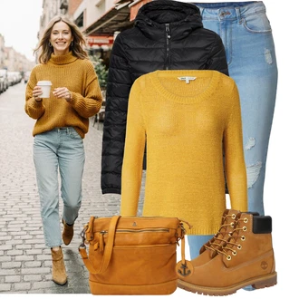 Outfit s Žlutá/Hnědá Sveter Jednoduchý Svetr/Kašmírový Svetr/Mohair Pullover/Basic Svetr/Svetr s Kulatým Výstřihem/Vlněný Svetr/Svetr z Jemné Pleteniny/Pletený Svetr Only "Perfekt na podzim"