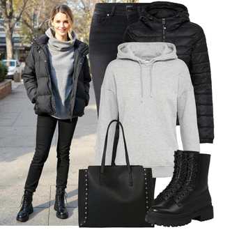 Dlouhé Outfit s Černá/Šedá/Tmavě šedá Kožená bunda/Termální Džíny/Slim Fit Džíny/Zimní bunda/Push up Džín/Motorkářské Džíny/Kožené Boty/High Waist Džínové Kalhoty/Džíny s Rozparkem Only "Perfekt na podzim"